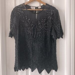 Vintage Denise Elle black sequined and beaded short sleeve evening blouse top L